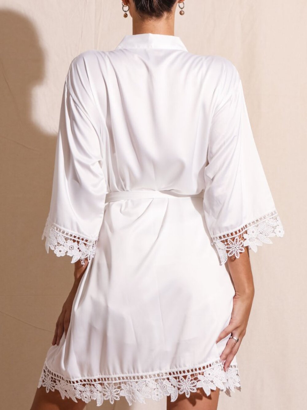 White Lace-Trim Satin Robe - Picture 3 of 15
